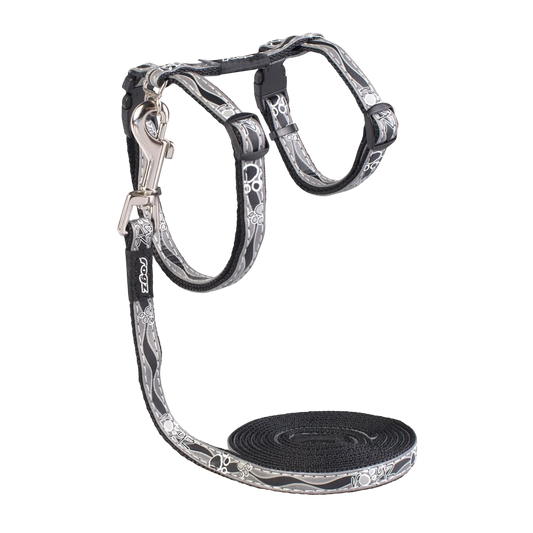 Rogz NightCat Harness and Lead Set in Black size S with reflective pattern, adjustable harness and matching lead