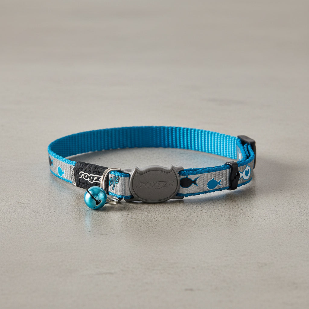 Rogz ReflectoCat Safety Collar in Blue showing full adjustable reflective cat collar with bell and breakaway safety buckle