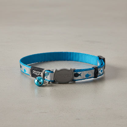 Rogz ReflectoCat Safety Collar in Blue showing full adjustable reflective cat collar with bell and breakaway safety buckle