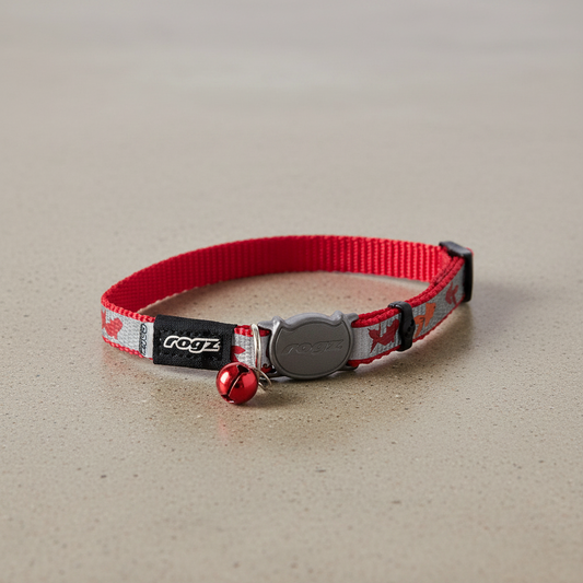 Rogz ReflectoCat Safety Collar in Red showing full adjustable reflective cat collar with bell and breakaway safety buckle