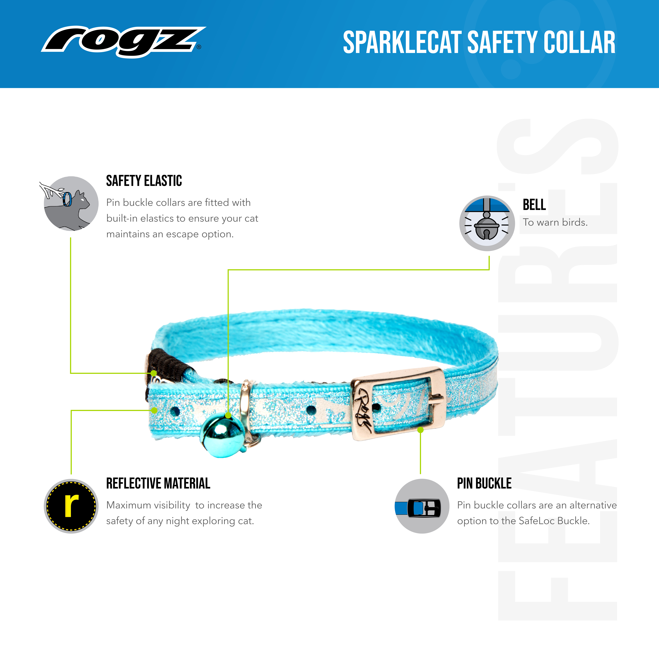 Rogz SparkleCat Pin Buckle Collar for cats showing glitter finish, safety elastic, reflective material, bell and pin buckle