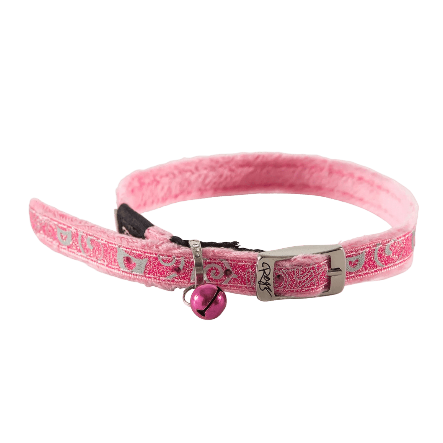 Pink cat pin buckle collar with patterned strap, metal buckle, and bell charm