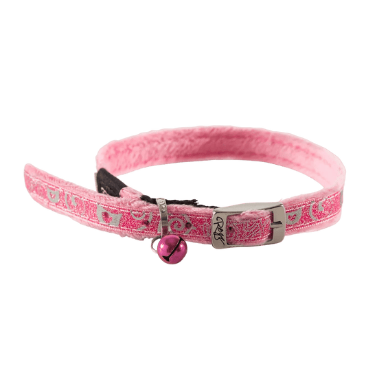 Pink cat pin buckle collar with patterned strap, metal buckle, and bell charm