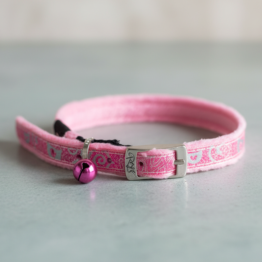 Rogz SparkleCat Pin Buckle Collar feature guide showing safety elastic, reflective material, bell and pin buckle