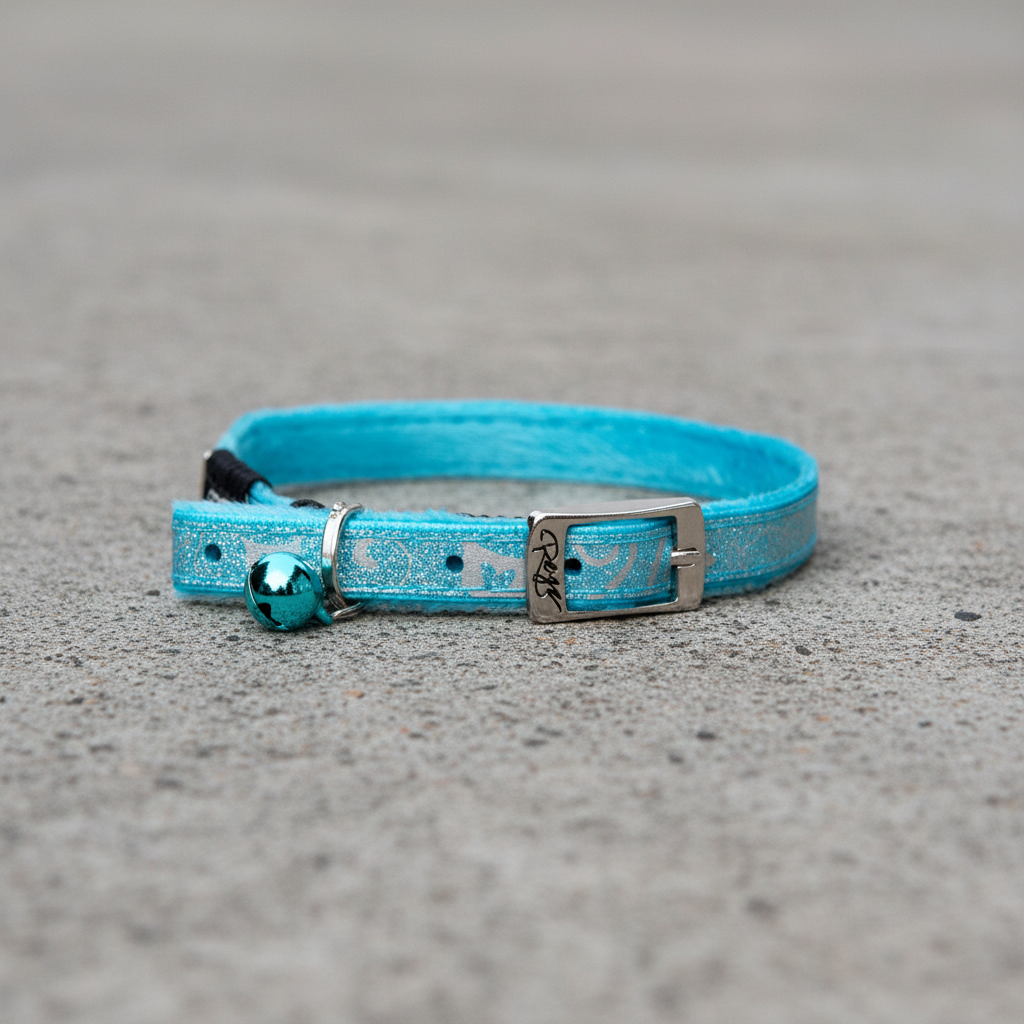 Rogz SparkleCat Pin Buckle Collar in Turquoise with glitter finish, bell and soft faux-fur base