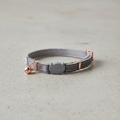 Rogz UrbanCat Safety Collar in Dove Grey with rose gold trims, bell and breakaway safety buckle