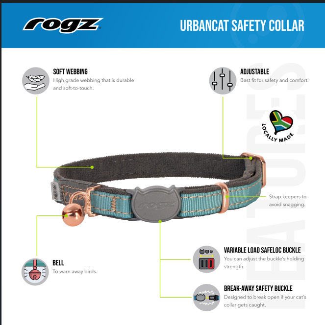 Rogz UrbanCat Safety Collar feature guide showing soft webbing, adjustable fit, rose gold bell, strap keepers and breakaway safety buckle