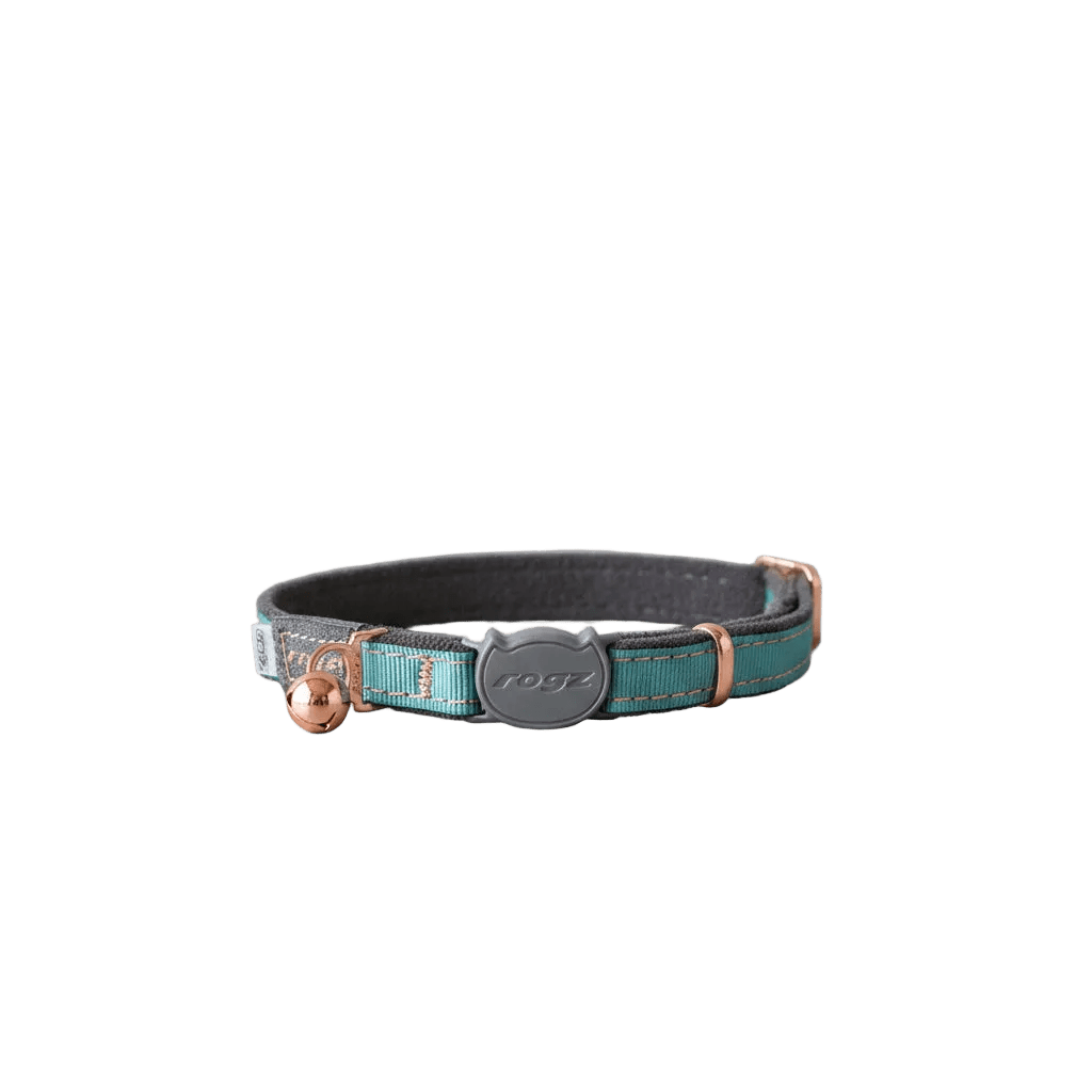 Grey cat safety collar with turquoise patterned strap, metal buckle and copper bell.