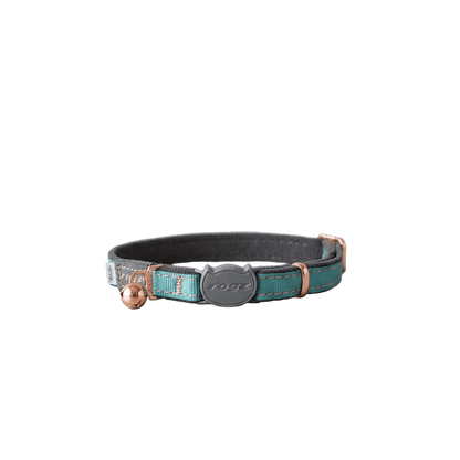 Grey cat safety collar with turquoise patterned strap, metal buckle and copper bell.
