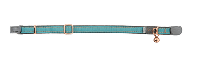 Teal cat safety collar with copper bell tag, adjustable buckle and side release.