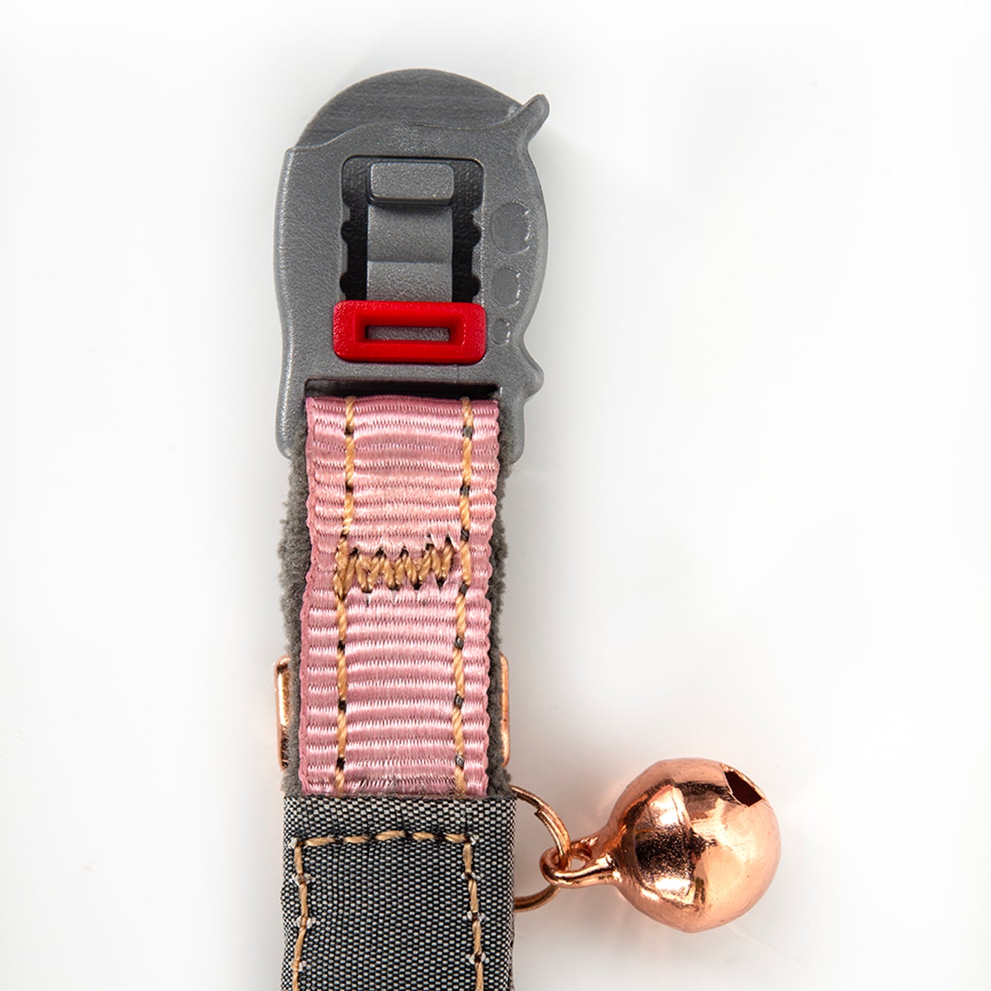 Rogz UrbanCat Safety Collar in Pink Blush showing breakaway safety buckle, rose gold bell and soft plush webbing`