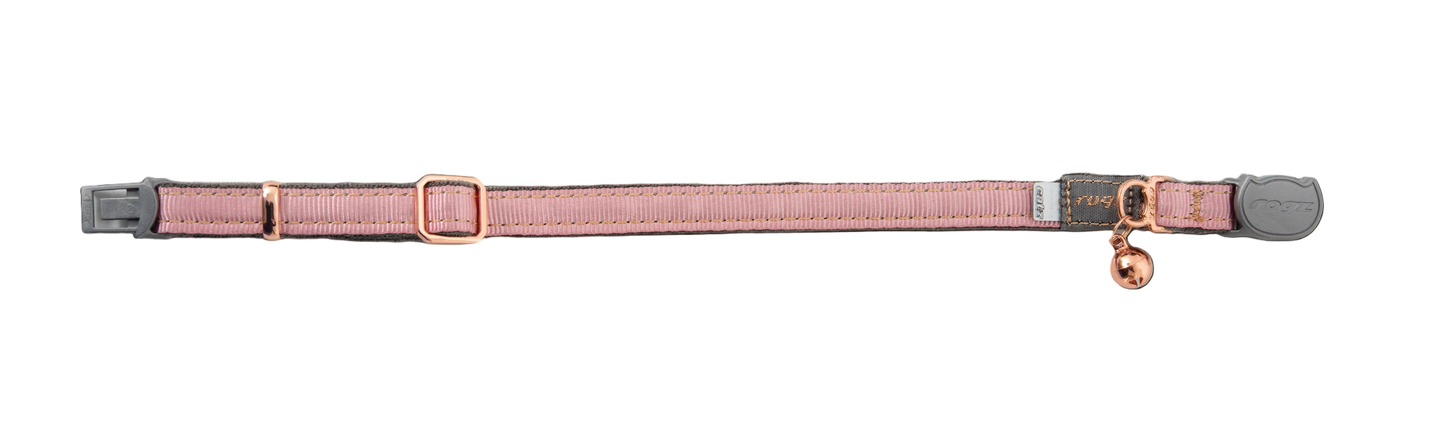Rogz UrbanCat Safety Collar in Pink Blush laid flat showing rose gold trims, bell, soft plush webbing and breakaway buckle