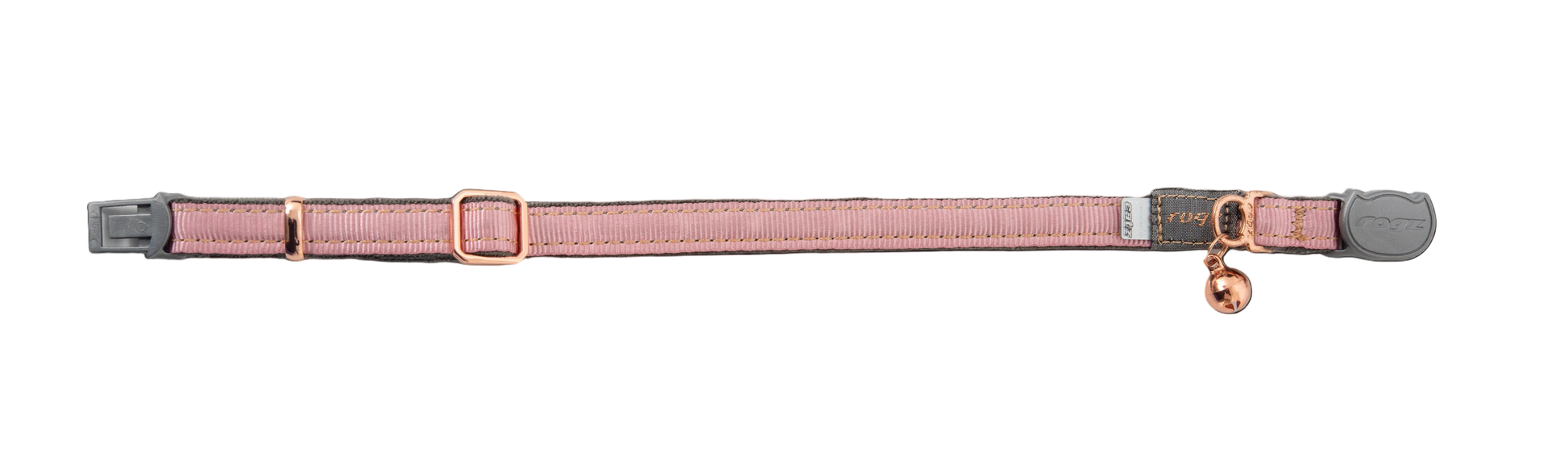 Rogz UrbanCat Safety Collar in Pink Blush laid flat showing rose gold trims, bell, soft plush webbing and breakaway buckle
