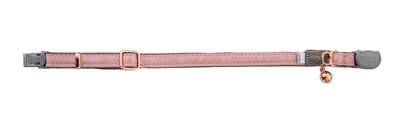 Rogz UrbanCat Safety Collar in Pink Blush laid flat showing rose gold trims, bell, soft plush webbing and breakaway buckle