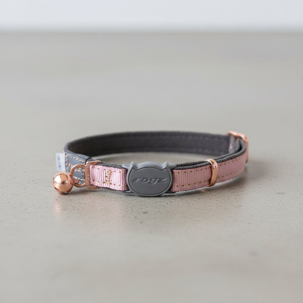 Rogz UrbanCat Safety Collar in Pink Blush with rose gold trims, bell and breakaway safety buckle