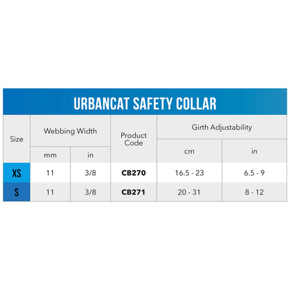 Rogz UrbanCat Safety Collar size guide showing XS and S collar measurements and product codes