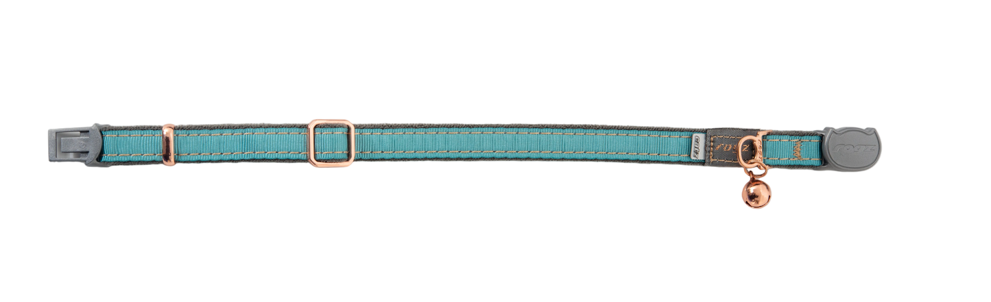 Rogz UrbanCat Safety Collar in Turquoise Moon laid flat showing rose gold trims, bell, soft plush webbing and breakaway buckle`