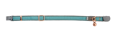 Rogz UrbanCat Safety Collar in Turquoise Moon laid flat showing rose gold trims, bell, soft plush webbing and breakaway buckle`