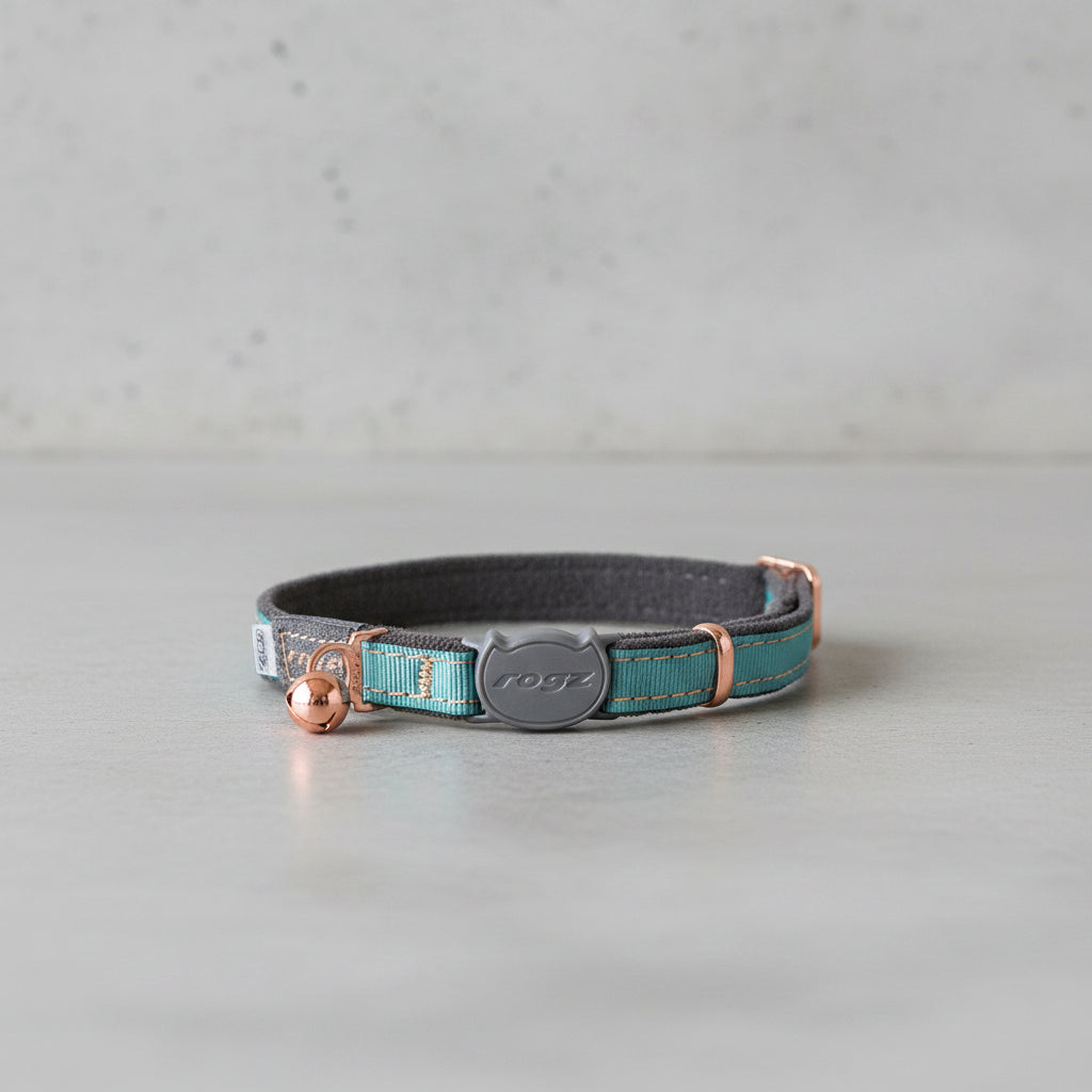 Rogz UrbanCat Safety Collar in Turquoise Moon with rose gold trims, bell and breakaway safety buckle