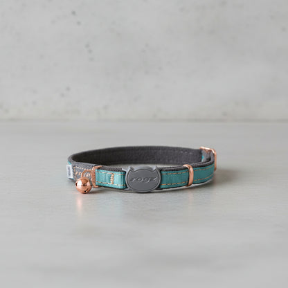 Rogz UrbanCat Safety Collar in Turquoise Moon with rose gold trims, bell and breakaway safety buckle