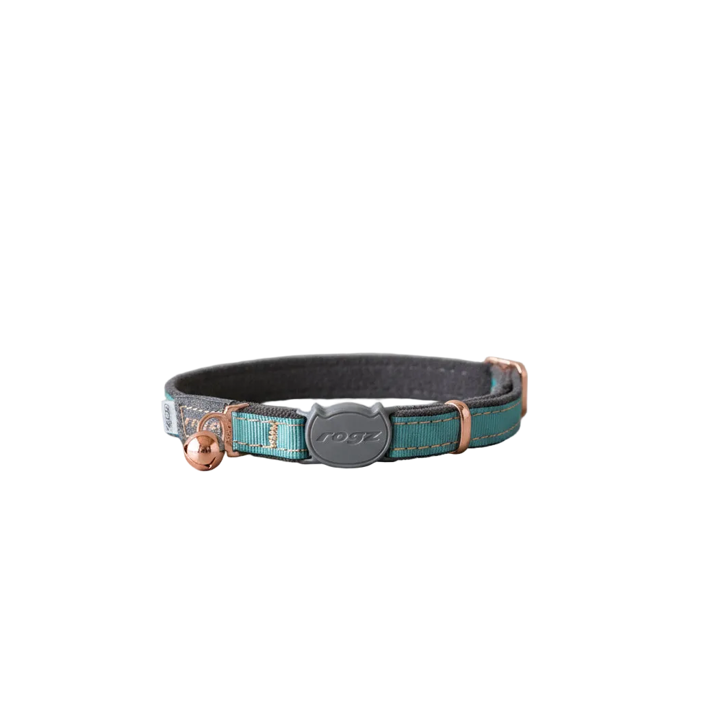 Rogz UrbanCat Safety Collar in Turquoise Moon with rose gold trims, bell and breakaway safety buckle