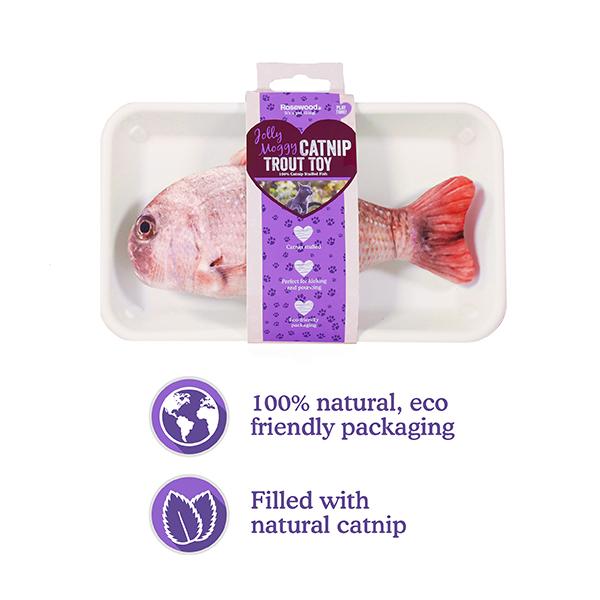 Catnip trout toy in tray with purple eco-friendly packaging and natural catnip icon