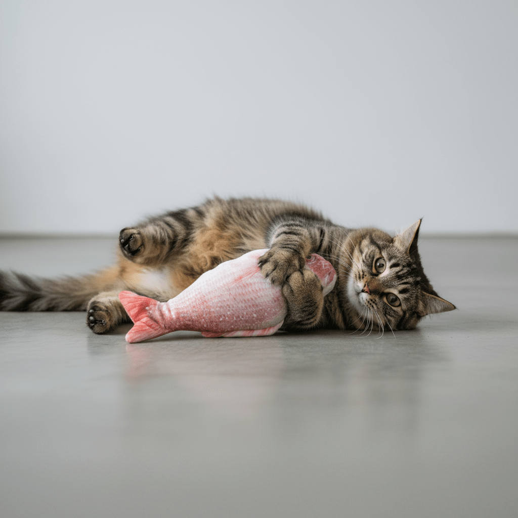 Catnip trout plush toy on floor while tabby cat lies playing