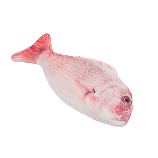 Plush catnip trout toy in pale pink and red with stitched texture