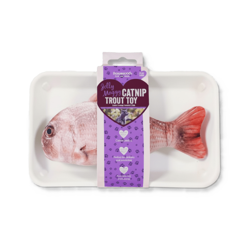 Catnip trout toy in clear tray with purple box packaging