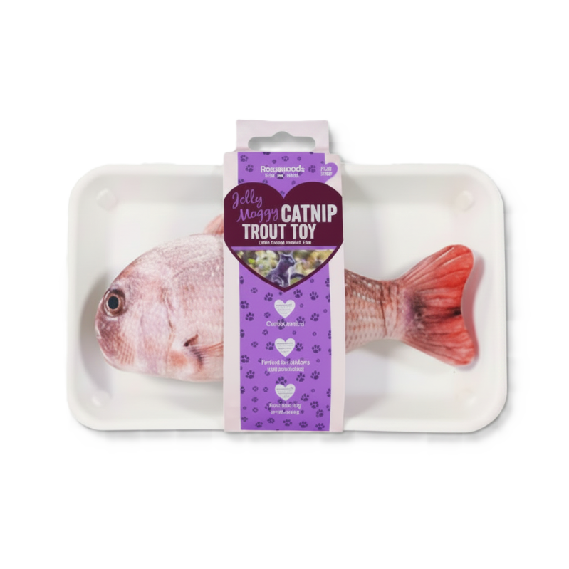 Rosewood Jolly Moggy Catnip Trout Toy packaging showing natural catnip filling and eco friendly packaging