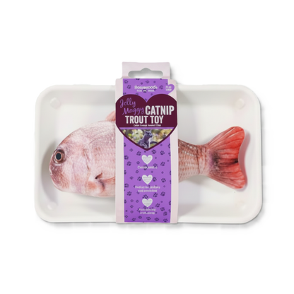 Rosewood Jolly Moggy Catnip Trout Toy packaging showing natural catnip filling and eco friendly packaging