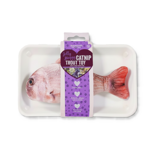 Rosewood Jolly Moggy Catnip Trout Toy packaging showing natural catnip filling and eco friendly packaging