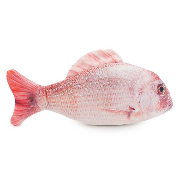 Rosewood Jolly Moggy Red Snapper catnip fish toy side view on a white background