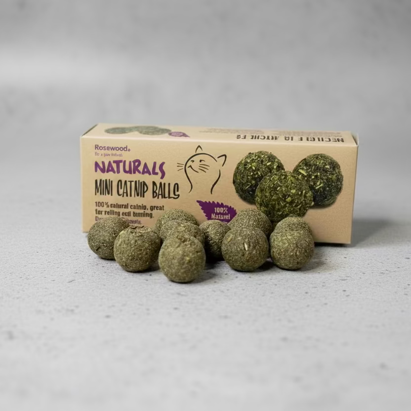Rosewood Naturals Mini Catnip Balls packaging with catnip balls on a cement surface