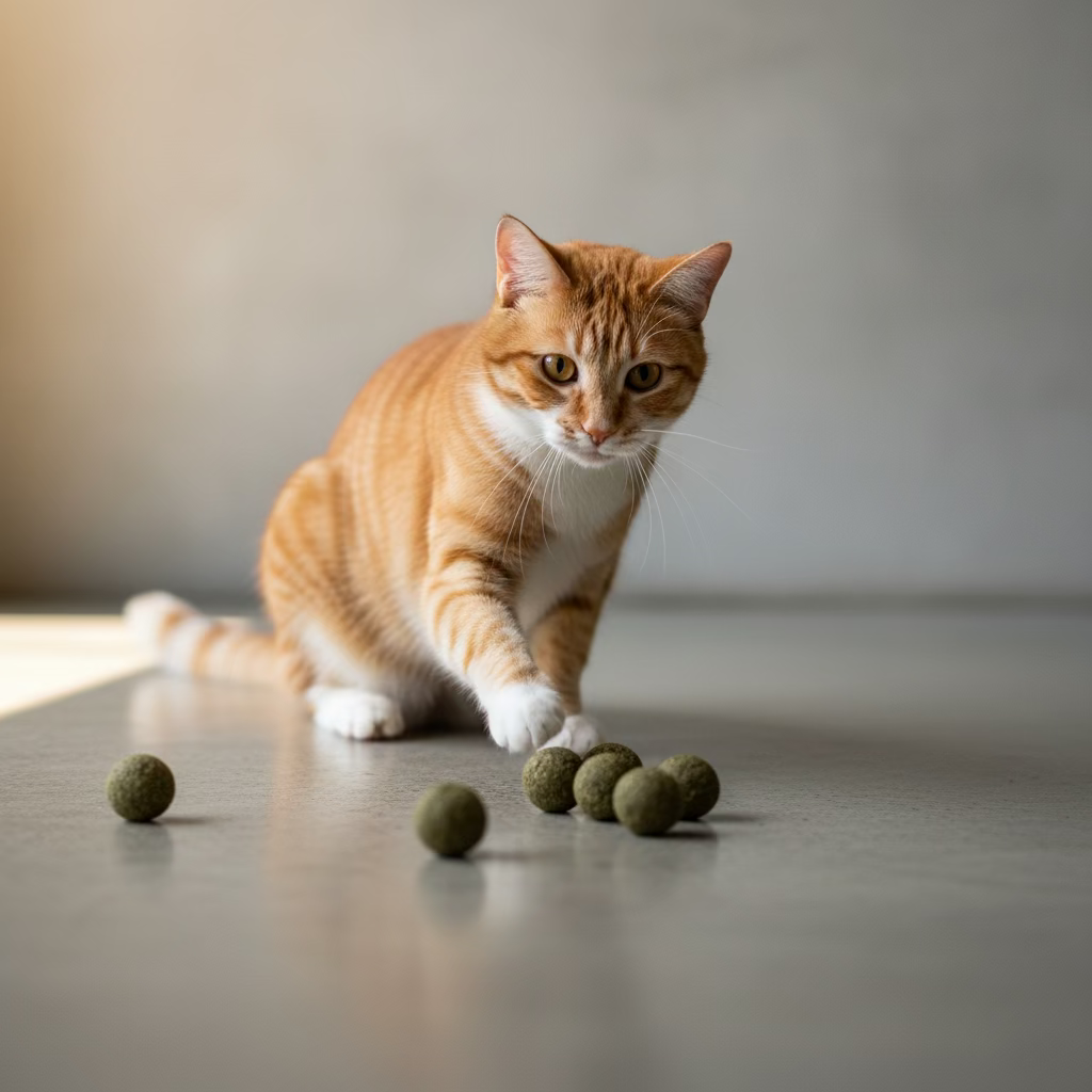 Ginger and white cat playing with rosewood mini catnip balls. 