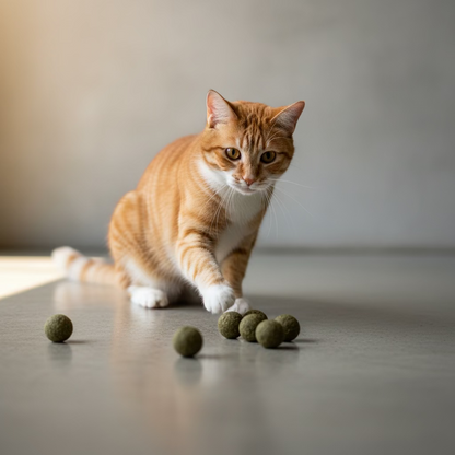Ginger and white cat playing with rosewood mini catnip balls. 
