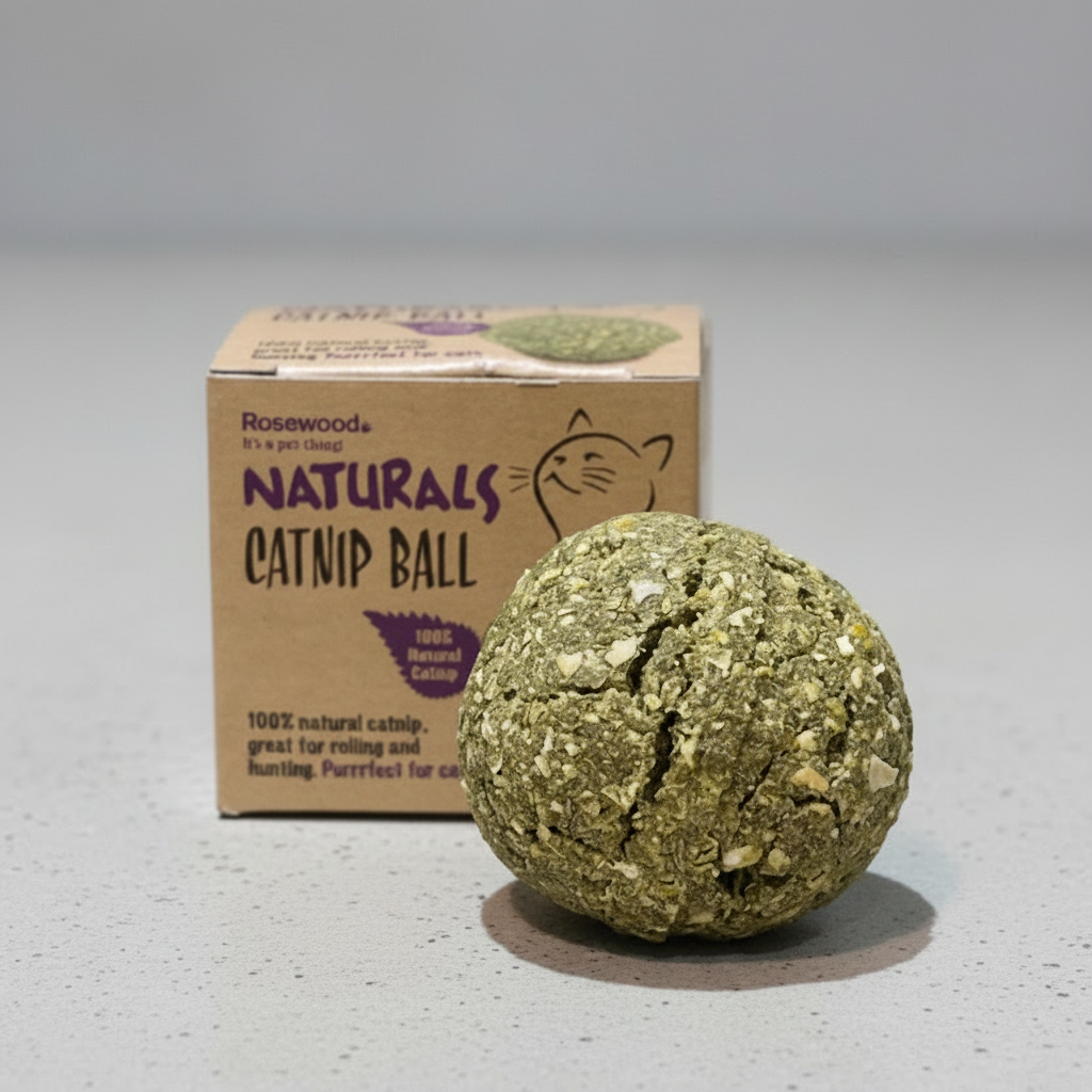 Close-up of Rosewood Naturals Catnip Ball with packaging in background