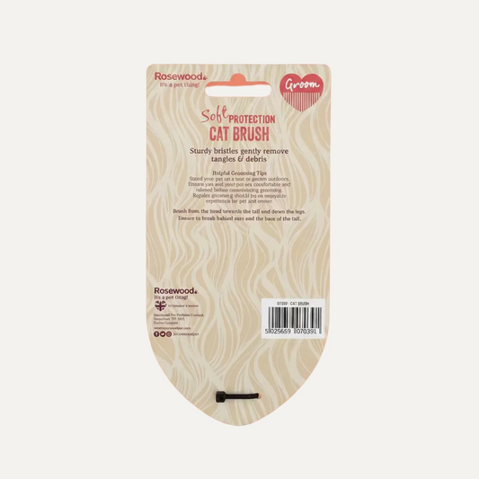 Back packaging of Rosewood Soft Protection cat brush with grooming instructions.