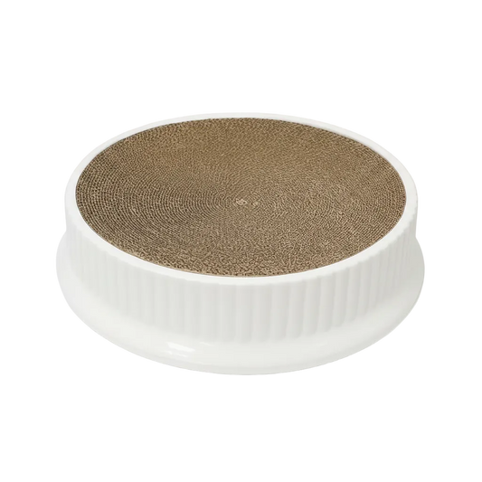 Round white cat scratcher and cat bed with brown textured surface on a white background