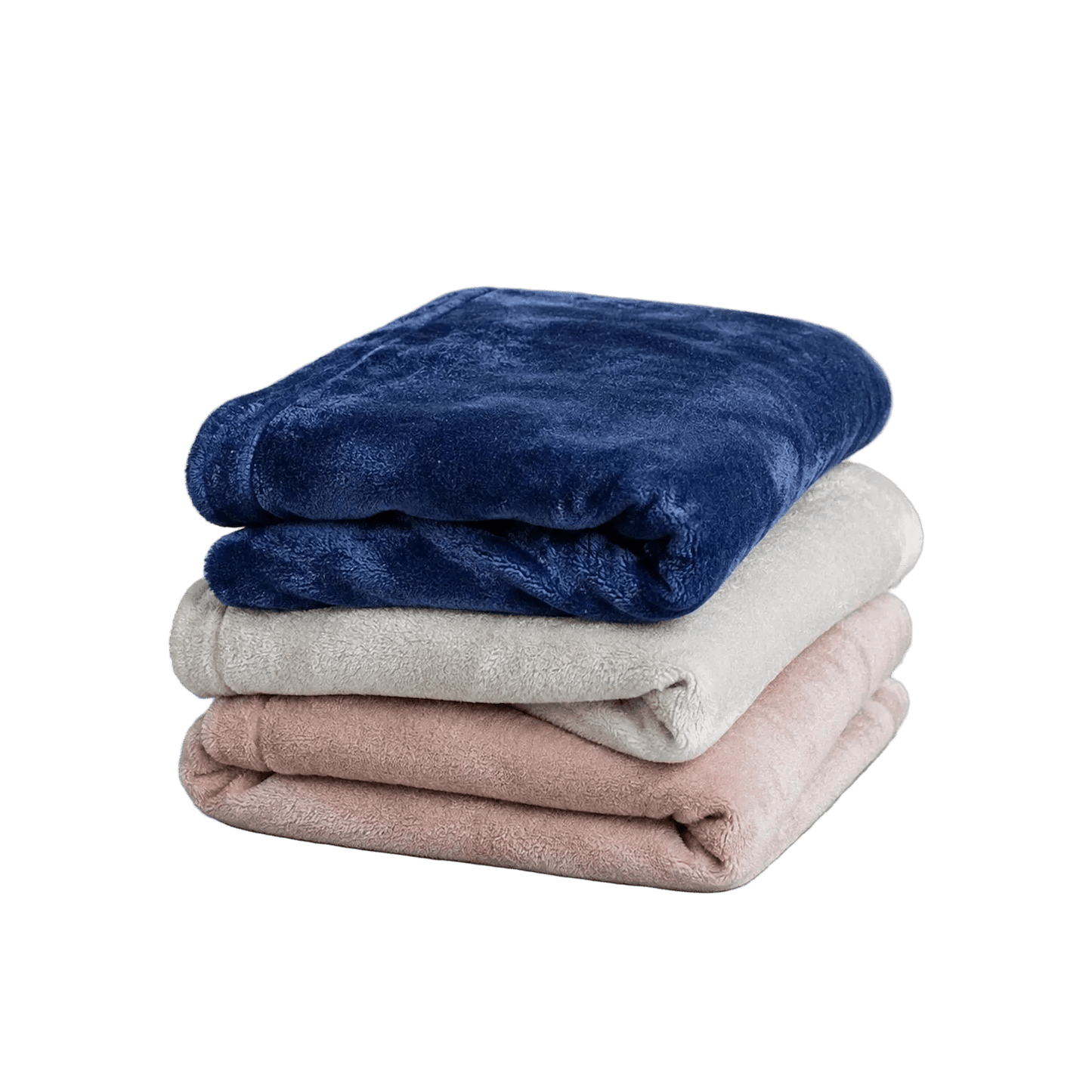 Stack of three Shears ultra-soft cat comfort double fleece blankets in navy, cstone and blush pink for kneading, comfort suckling and cosy naps.