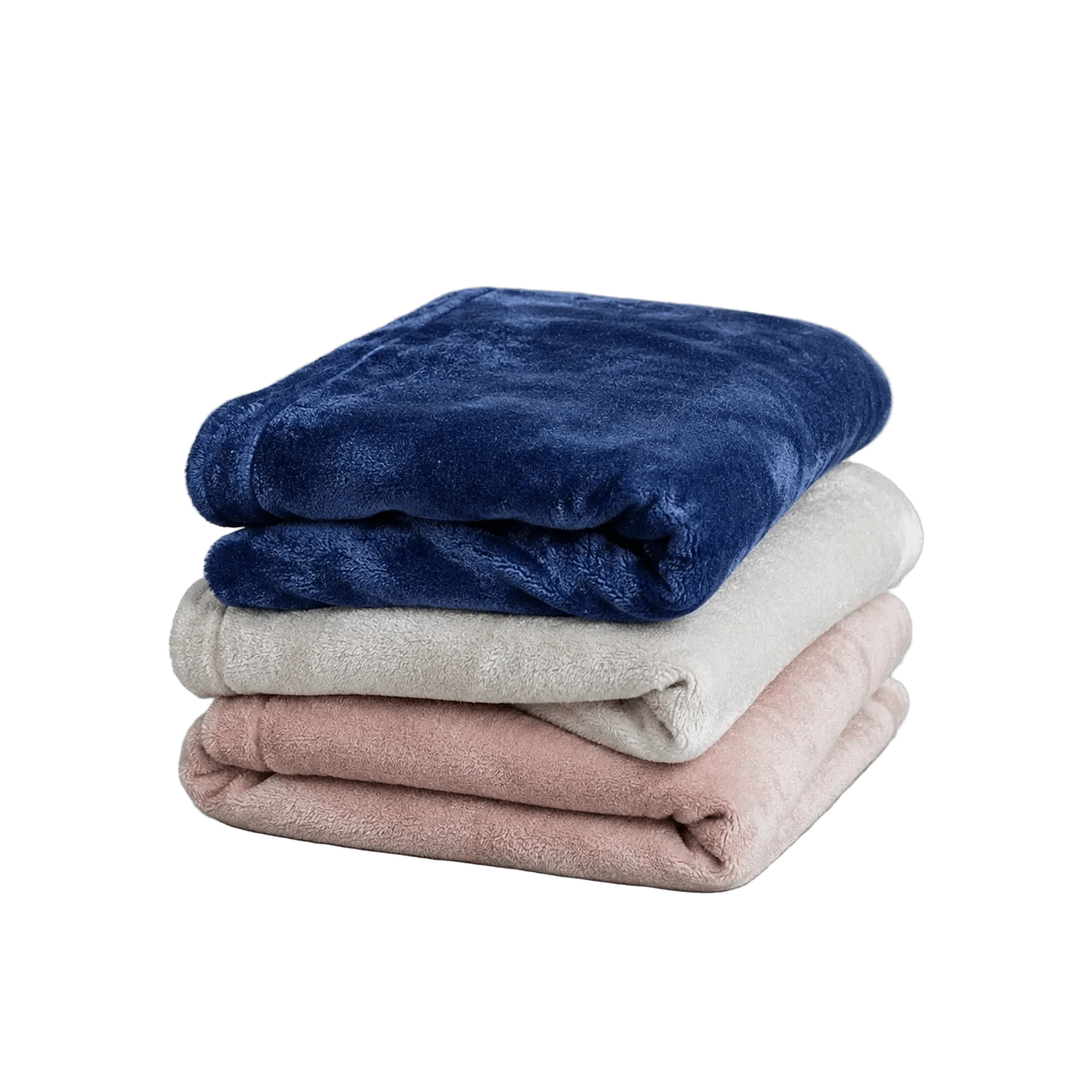 Stack of three Shears ultra-soft cat comfort double fleece blankets in navy, cstone and blush pink for kneading, comfort suckling and cosy naps.