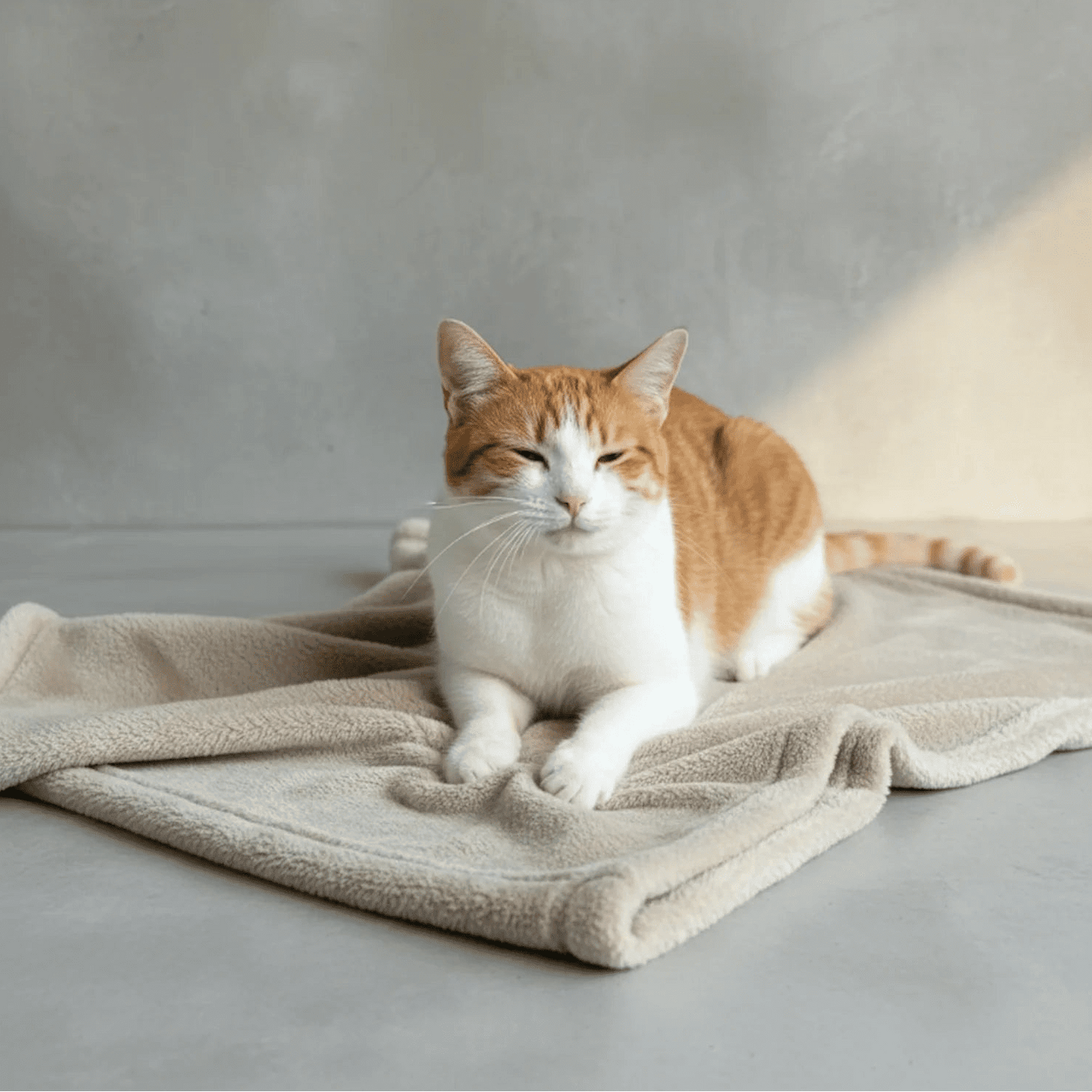Orange and white cat relaxing on a Shears soft stone fleece comfort blanket after kneading.