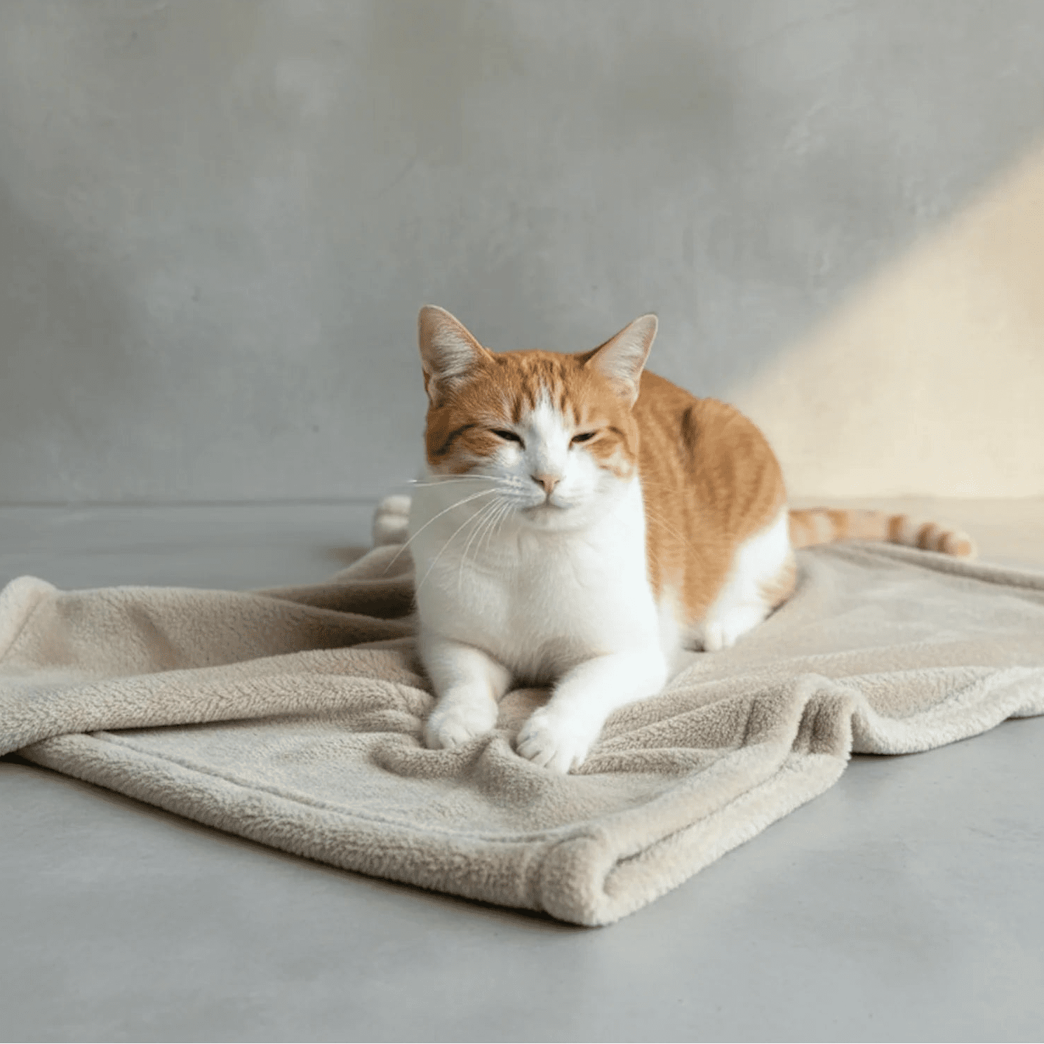 Orange and white cat relaxing on a Shears soft stone fleece comfort blanket after kneading.