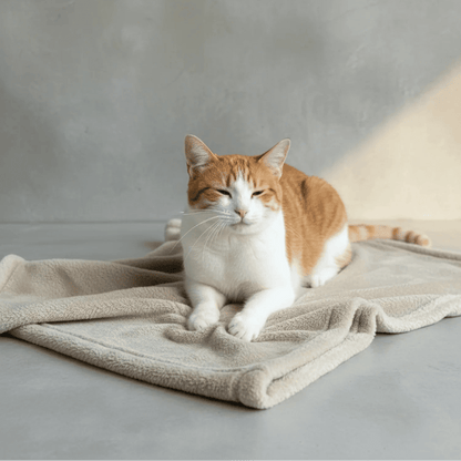 Orange and white cat relaxing on a Shears soft stone fleece comfort blanket after kneading.