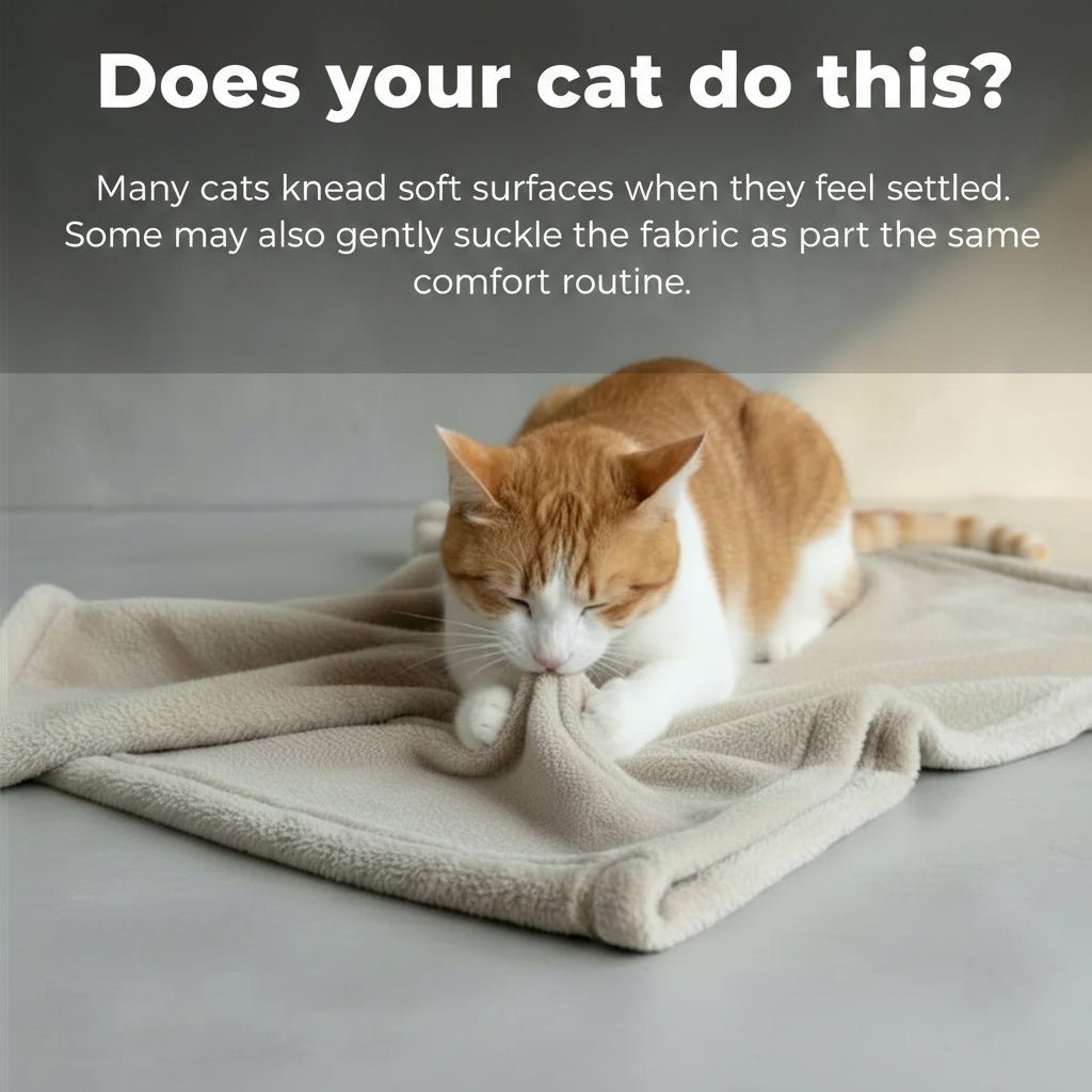 Orange and white cat comfort suckling and kneading a Shears soft stone fleece comfort blanket.