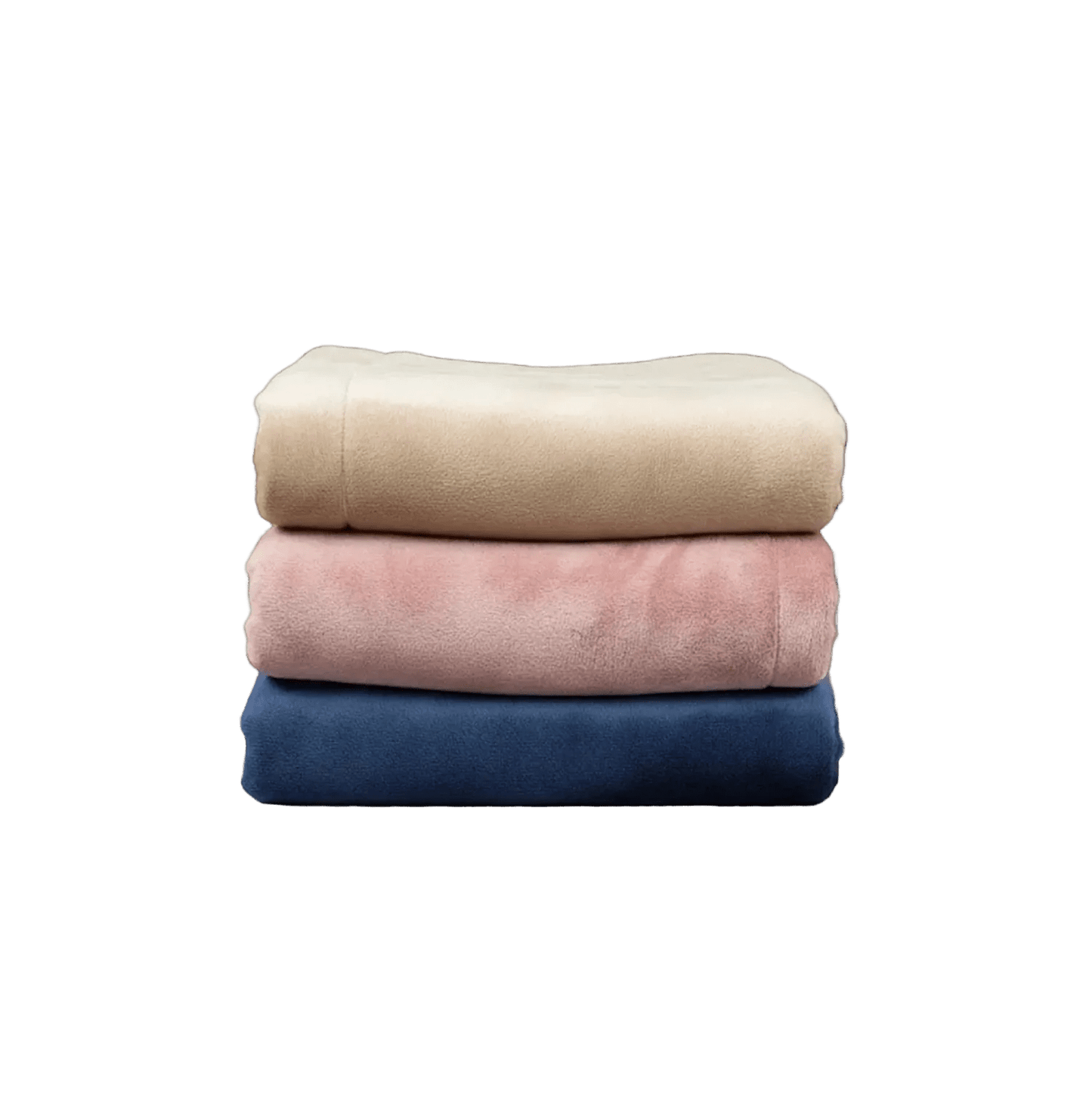 Stacked Shears double-fleece cat comfort blankets in stone, dusty pink and navy.
