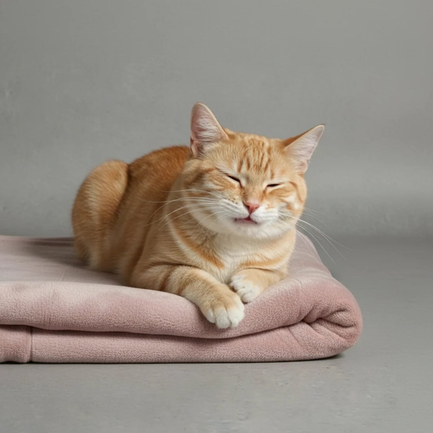 Orange tabby cat resting on a soft blush pink fleece comfort blanket for cosy naps and kneading.