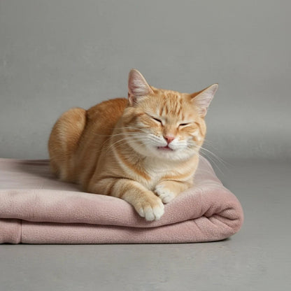 Orange tabby cat resting on a soft blush pink fleece comfort blanket for cosy naps and kneading.