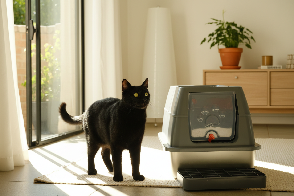 A black cat standing next to a stylish stainless steel cat litter tray with plastic enclosure. 