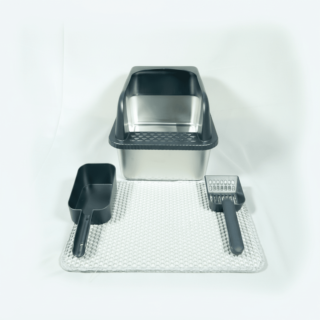 Cat litter box set with scoop, brush, and mat on a white background